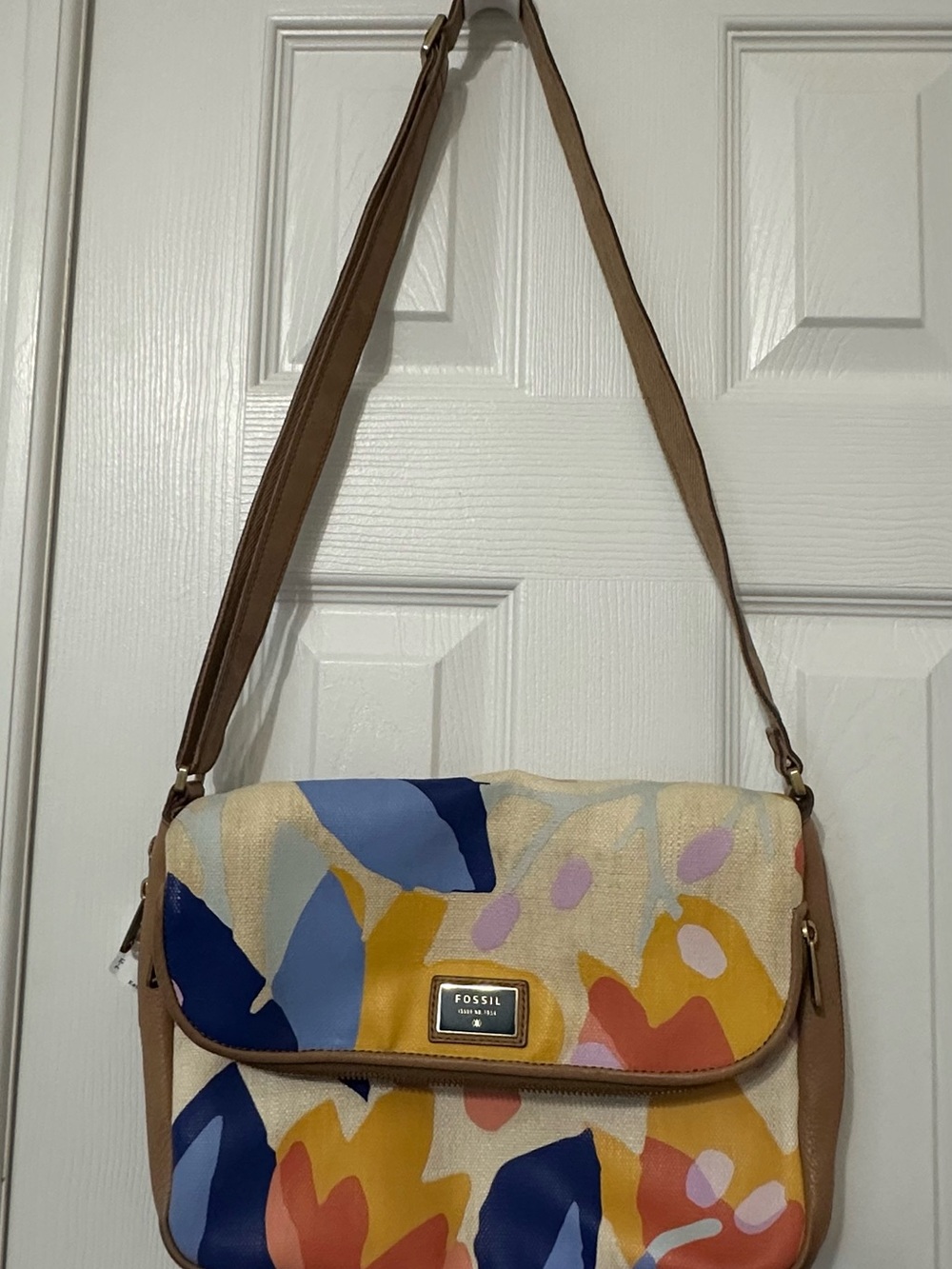 Fossil Multicolor Floral Canvas Crossbody with Tan Strap